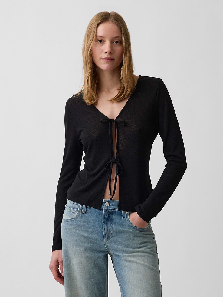 Image number 1 showing, Linen-Blend Tie-Front Cardigan