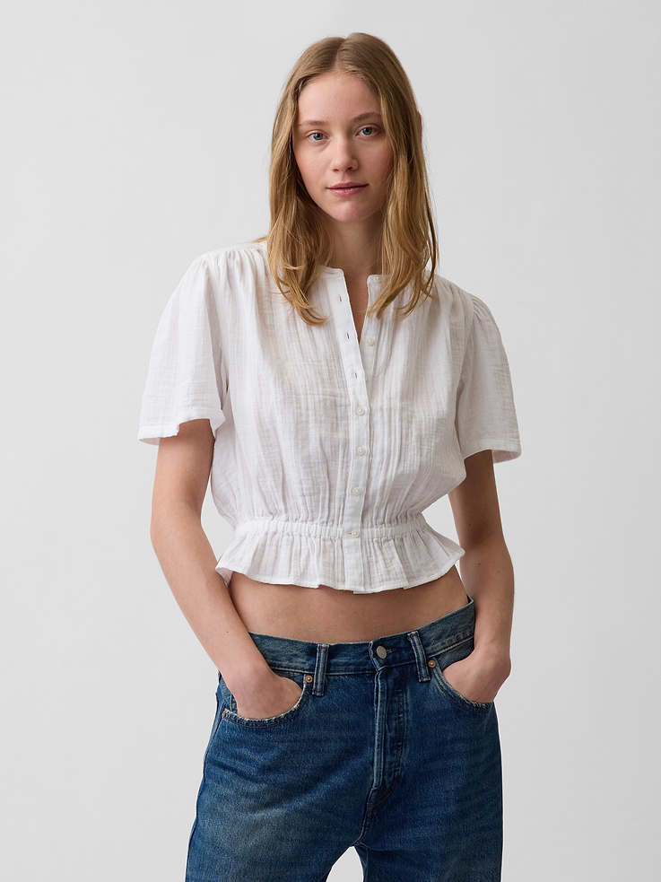 Image number 1 showing, Cotton Gauze Crop Peplum Top