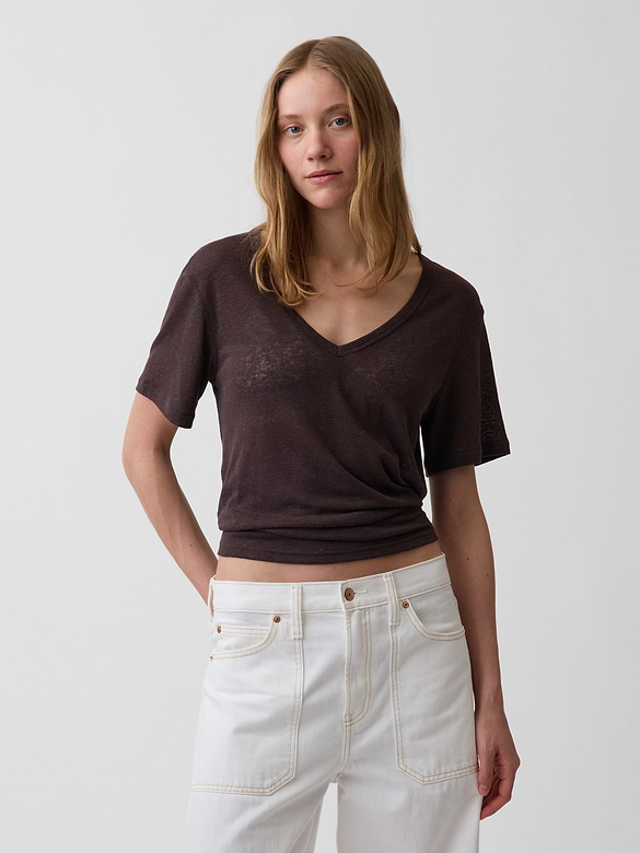 Linen-Blend Relaxed V-Neck T-Shirt