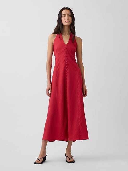 button up halter dress Linen-Blend Maxi button down shirt over dress