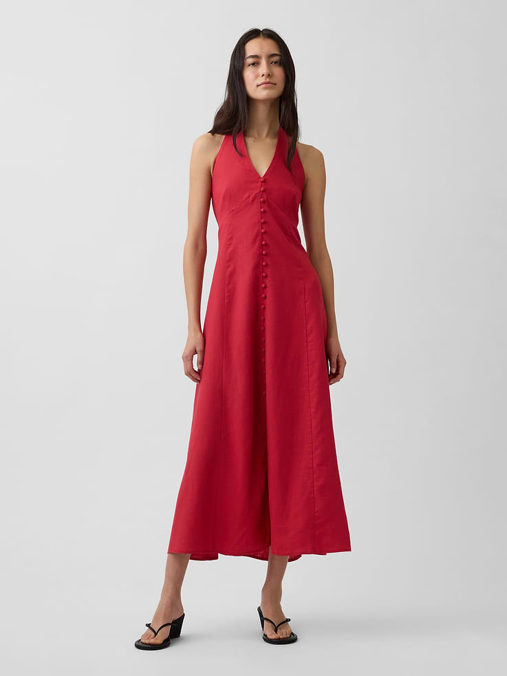 Image number 1 showing, Linen-Blend Halter Maxi Dress
