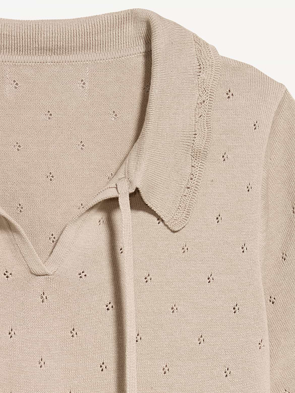 Tie-Front Seaside Cotton Pointelle Cropped Polo