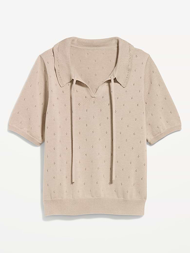 Image number 4 showing, Tie-Front Seaside Cotton Pointelle Cropped Polo