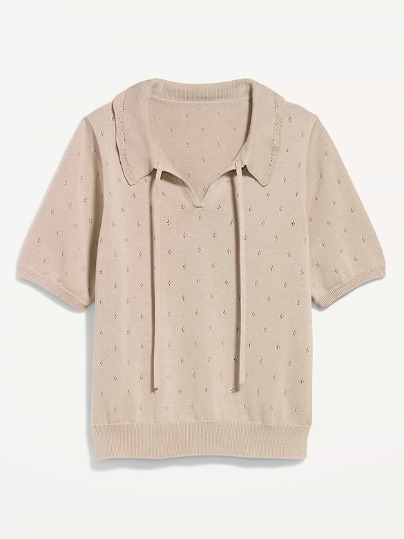 Tie-Front Seaside Cotton Pointelle Cropped Polo