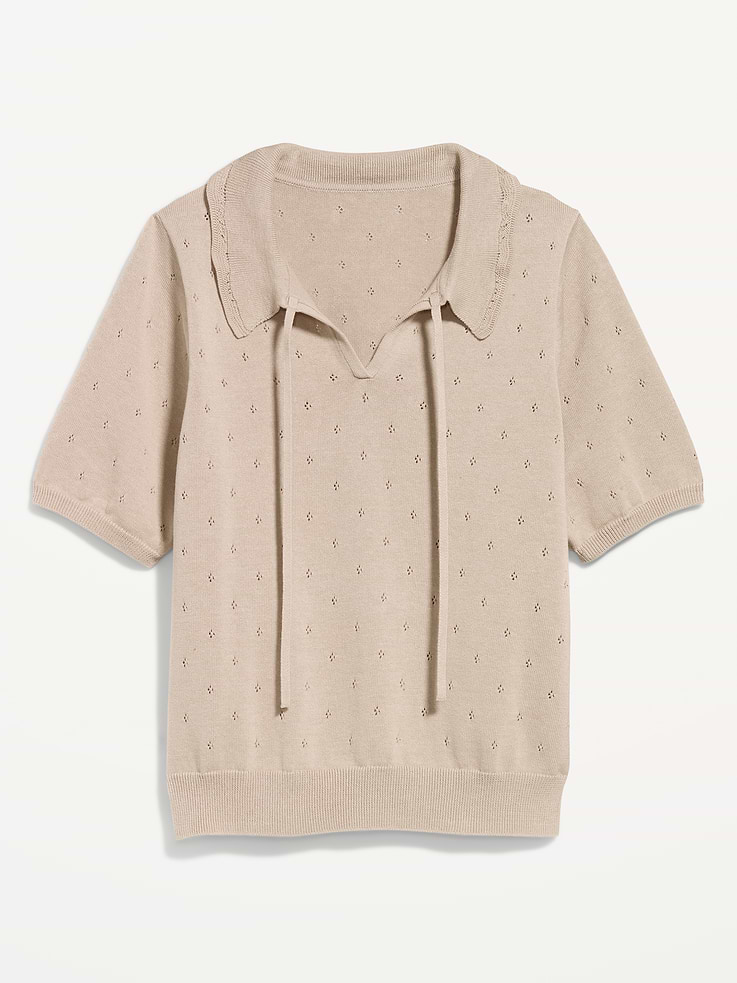 Image number 4 showing, Tie-Front Seaside Cotton Pointelle Cropped Polo