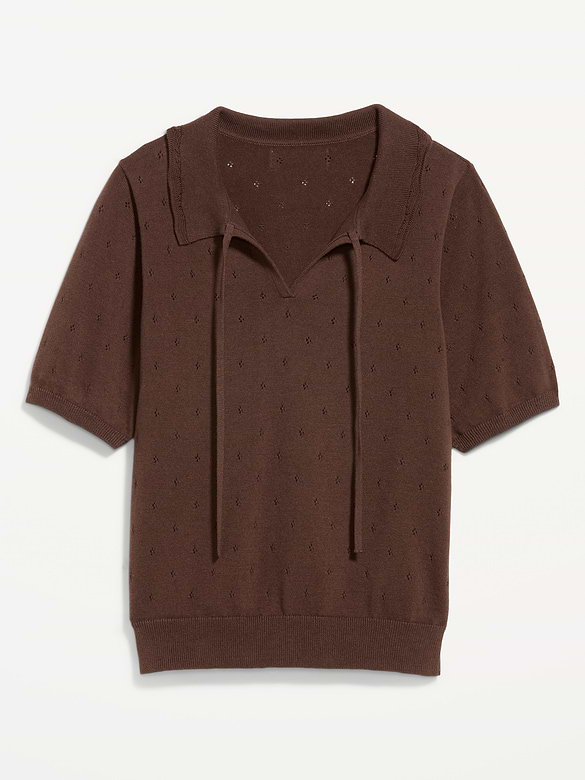 Tie-Front Seaside Cotton Pointelle Cropped Polo