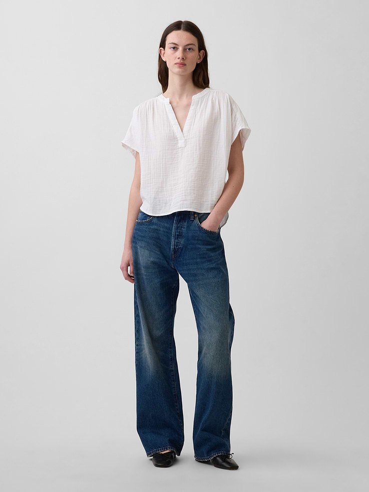 Image number 2 showing, Cotton Gauze Oversized Split-Neck Top