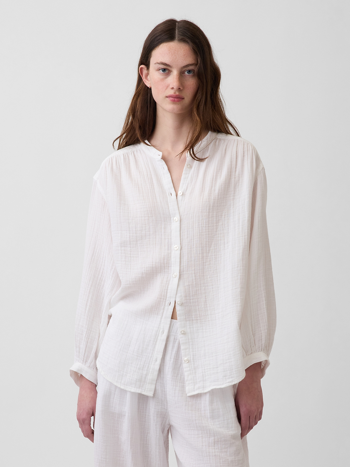 Cotton Gauze Oversized Collarless Shirt | Gap