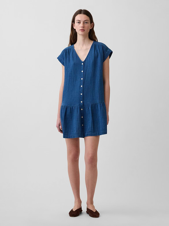 Cotton Gauze Denim Drop-Waist Mini Shirtdress