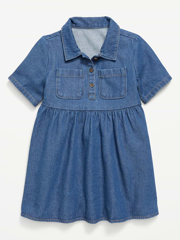 Short-Sleeve Denim Shirt Dress for Toddler Girls