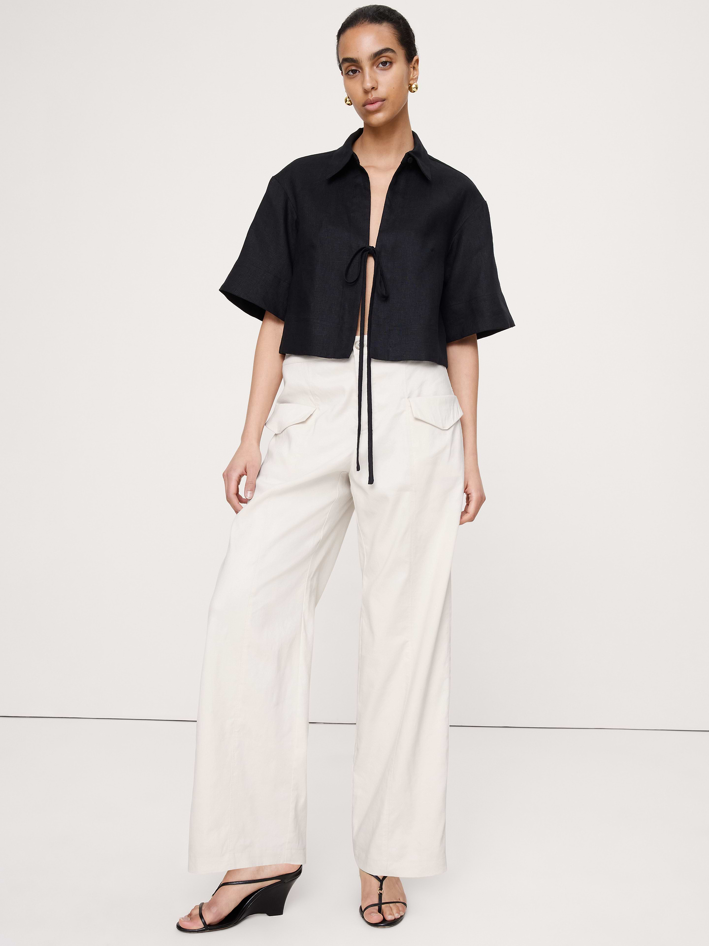 Image number 1 showing, High-Rise Straight Utility Pant in Stretch Linen-Viscose