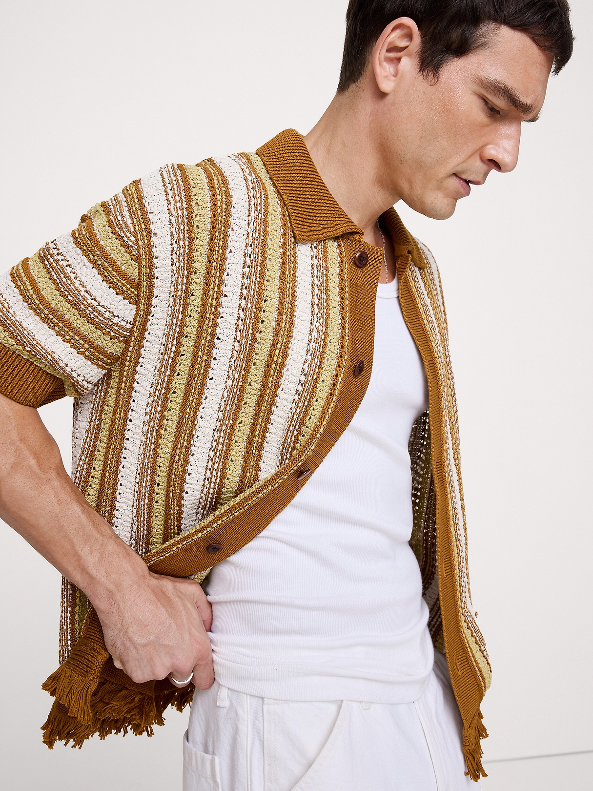 Fringe Cotton Polo Cardigan | Banana Republic