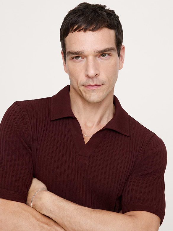 Ribbed Stretch-Cotton Johnny-Collar Polo