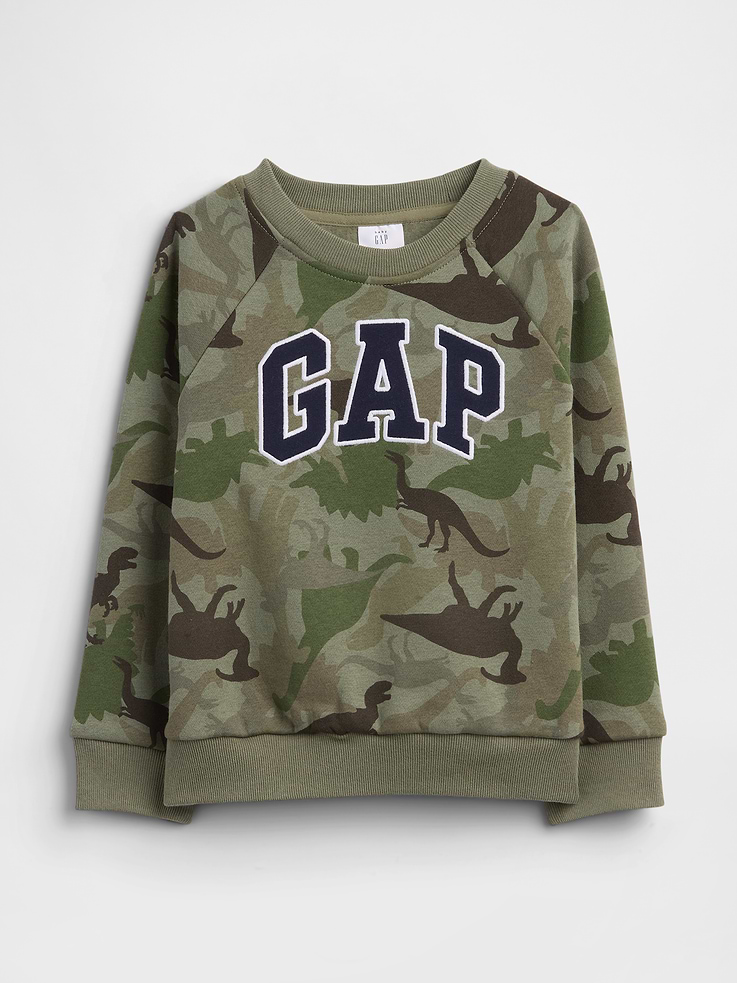 Image 1 of 3, This product is made with/contains 23% recycled polyester. Compared to virgin materials, using recycled materials helps reduce resource use and waste., Soft, comfy fleece., Dropped shoulder, long sleeves with banded cuffs., Crewneck., Gap logo at front., Banded hem., Allover print., This product was made in a factory that invests in gender equity and women’s empowerment through RISE. Learn more at, Product #1178651