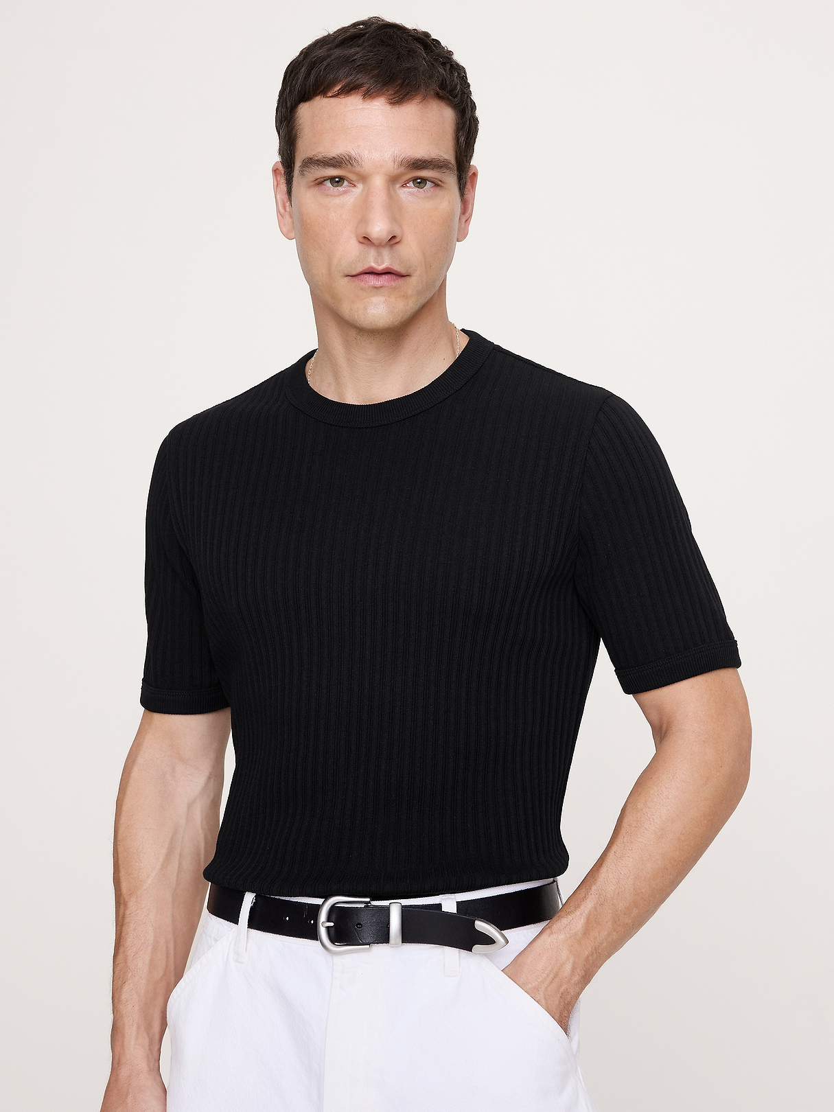 Ribbed Stretch-Cotton Crew-Neck T-Shirt | Banana Republic