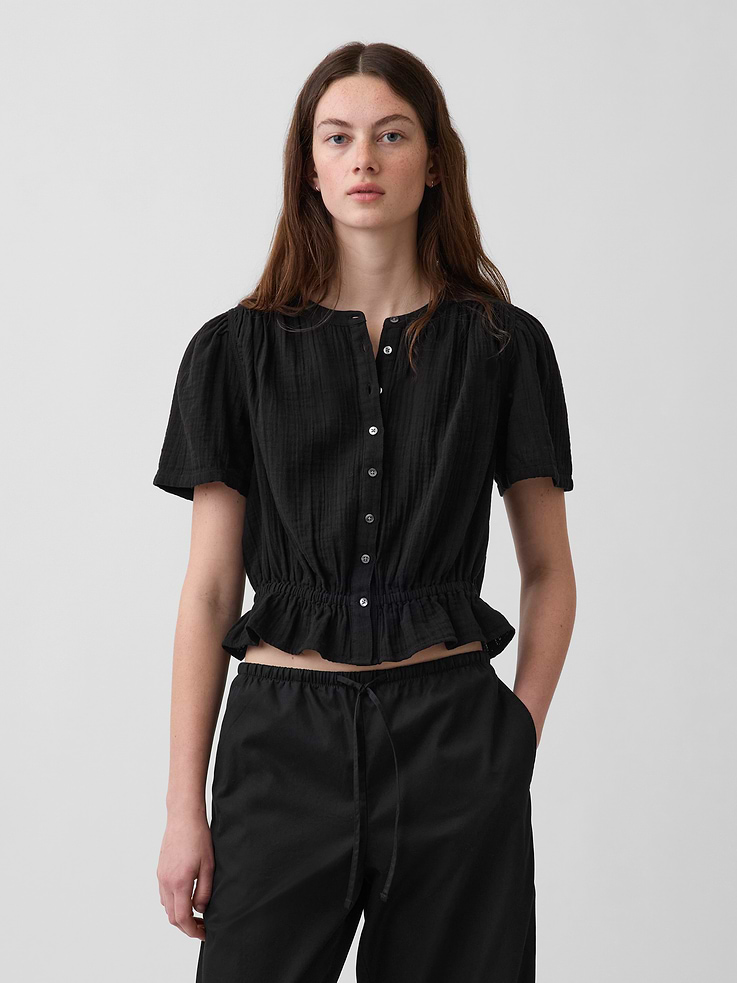 Image number 1 showing, Cotton Gauze Crop Peplum Top