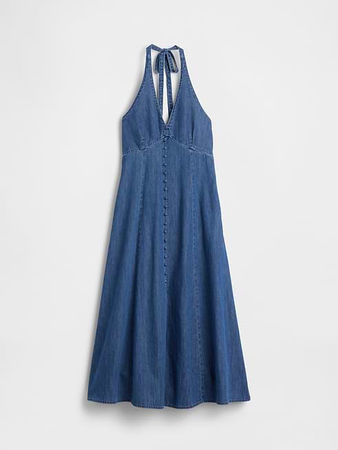 Women's Denim Seamed Halter Maxi Dress by Gap Medium Wash Tall Size XXL
