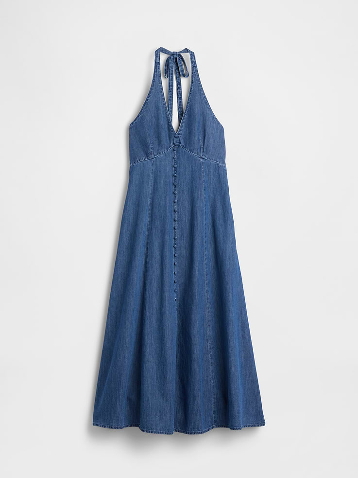 Image number 5 showing, Denim Seamed Halter Maxi Dress
