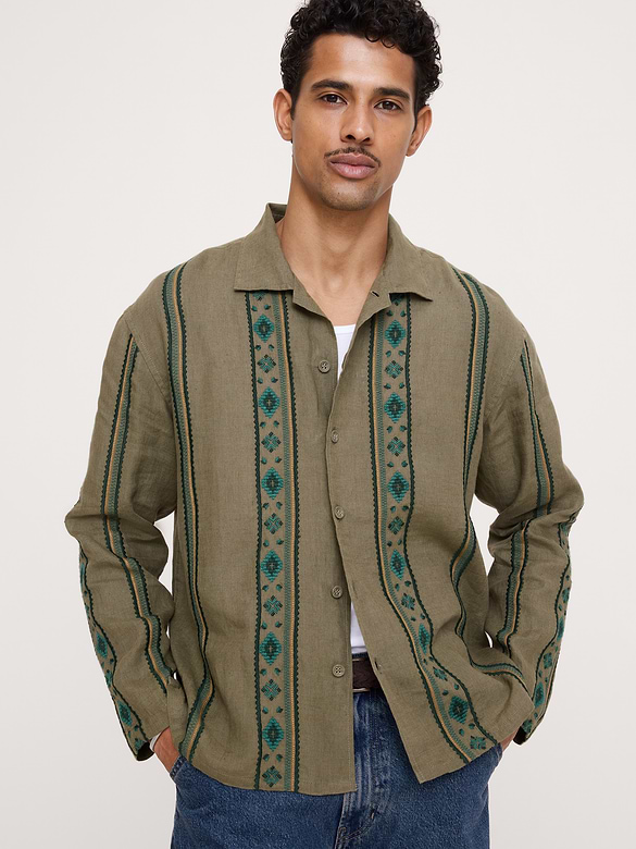 Relaxed-Fit Embroidered Linen Long-Sleeve Resort Shirt