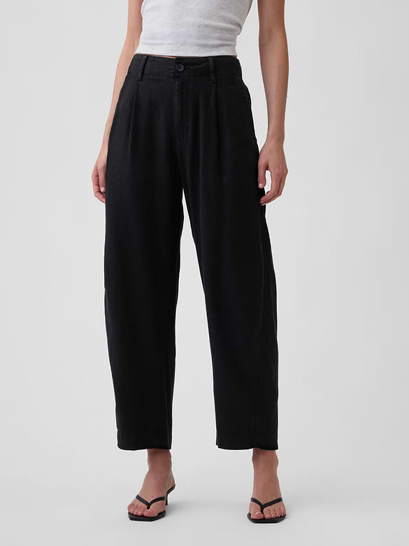 High Rise Linen-Blend Barrel Pants
