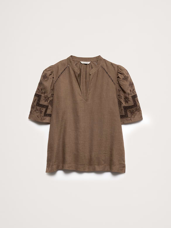 Embroidered Linen Puff-Sleeve Top