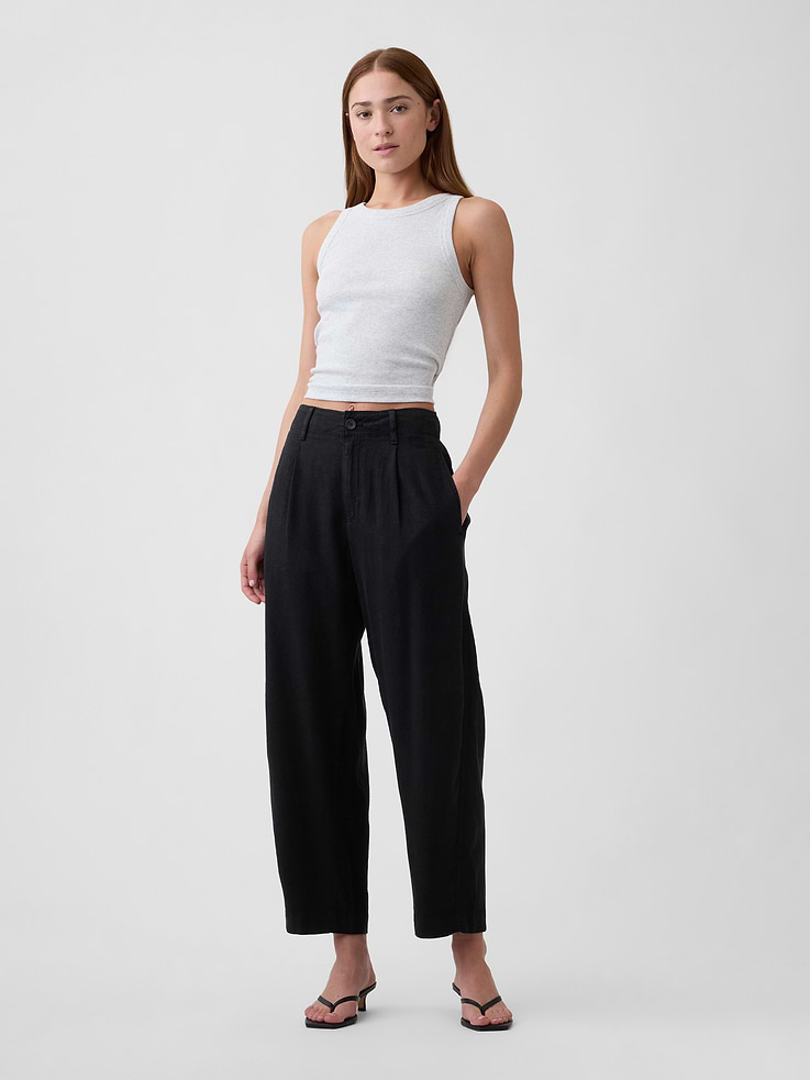 Image number 1 showing, High Rise Linen-Blend Barrel Pants