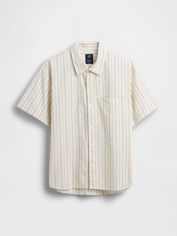 Seersucker Stripe Relaxed Curved-Hem Shirt