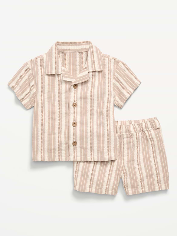 Short-Sleeve Textured Striped Shirt and Shorts Set for Baby