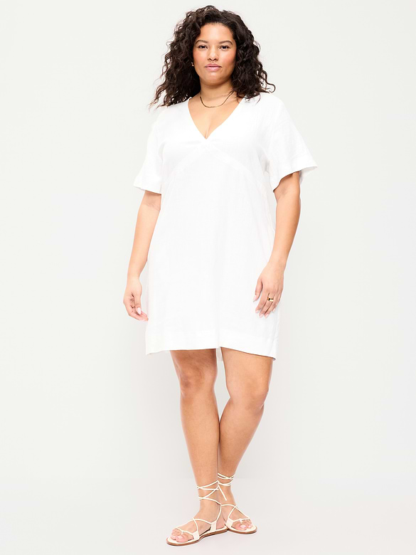 Short-Sleeve Linen-Blend Mini Shift Dress