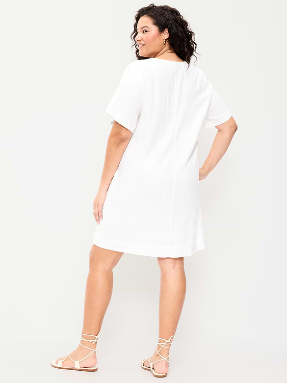 Short-Sleeve Linen-Blend Mini Shift Dress