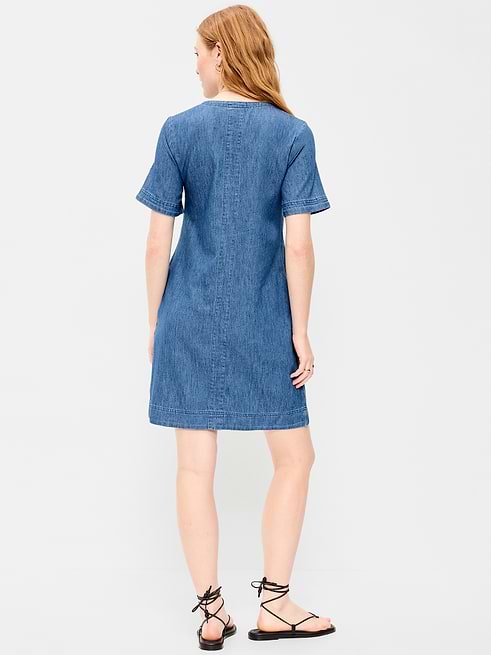 short sleeve denim dress for women Shirt Classic Belted Button up Jean Dresses Summer Casual Midi Dress with Pockets- Light Blue|XL at Amazon Women's Clothing store feminine silhouette Short-Sleeve Denim Mini Shift Dress