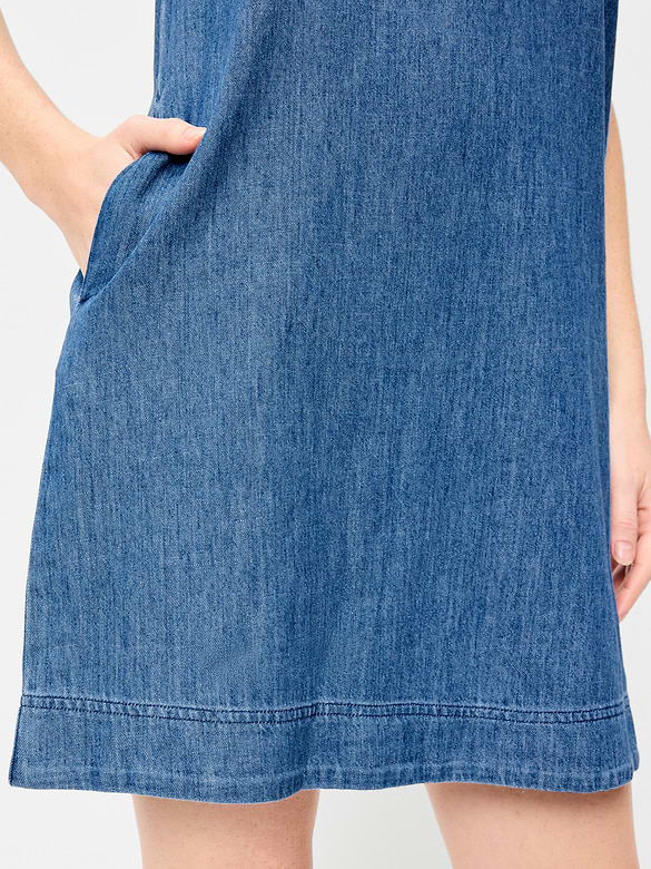Short-Sleeve Denim Mini Shift Dress