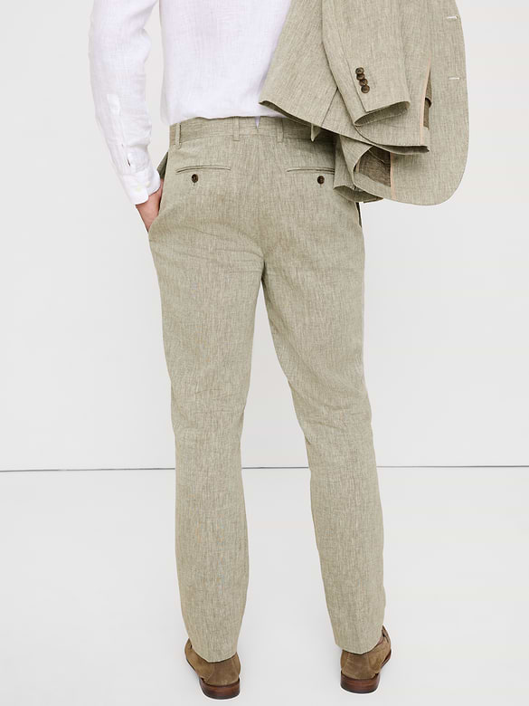 Pantalon de complet raffiné de coupe étroite en lin et coton vert