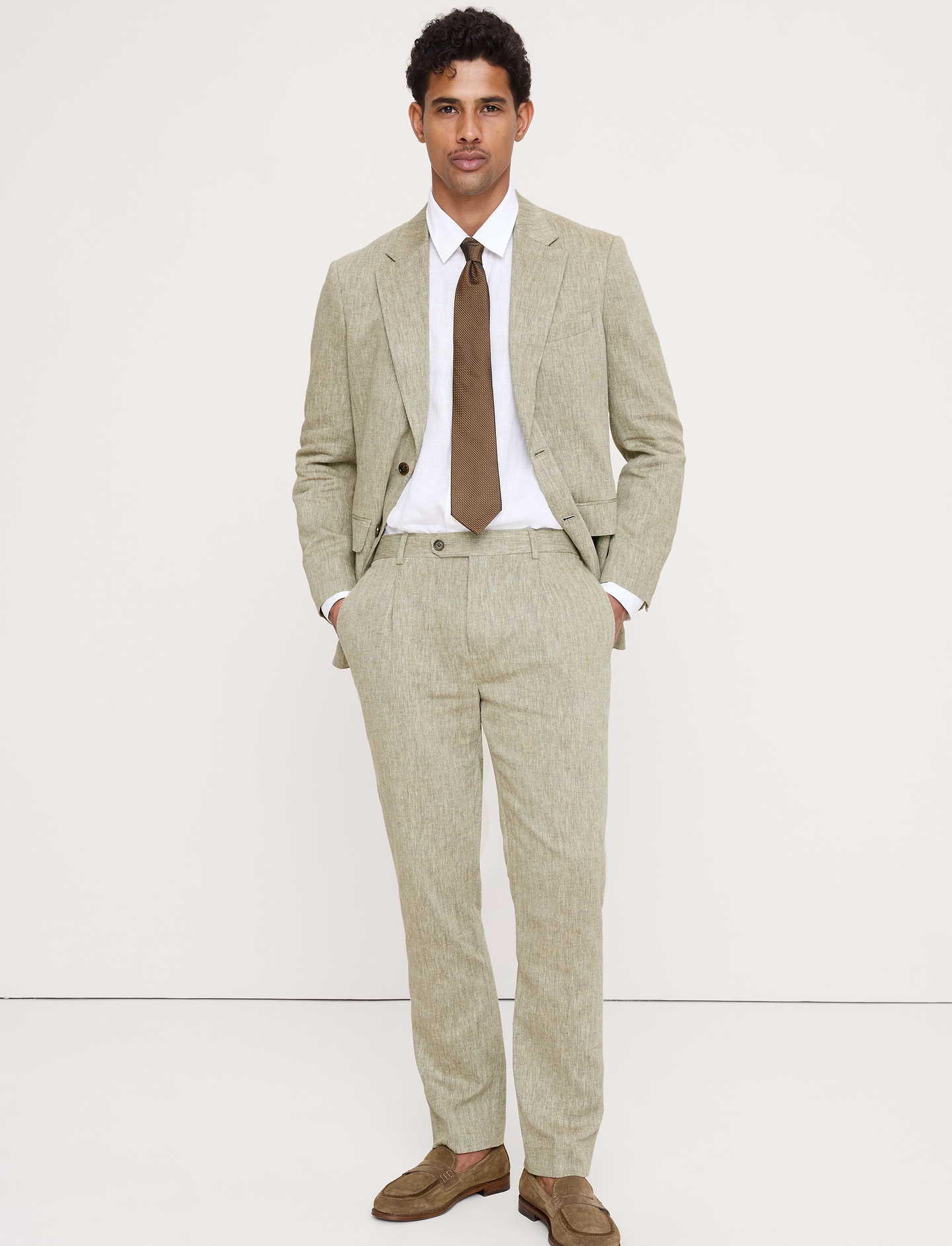 Image number 1 showing, Tailored Slim-Fit Green Linen-Cotton Suit Pant