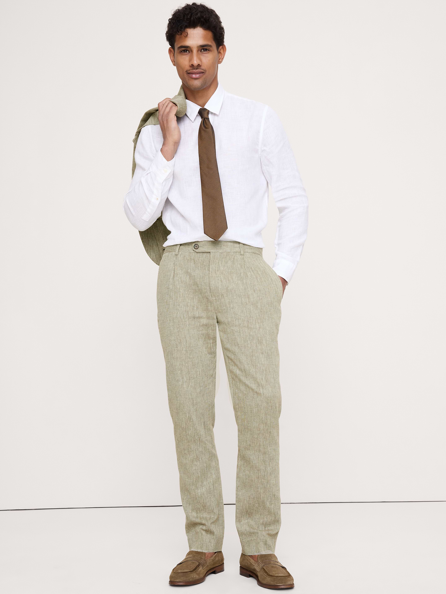 Image number 4 showing, Tailored Slim-Fit Green Linen-Cotton Suit Pant