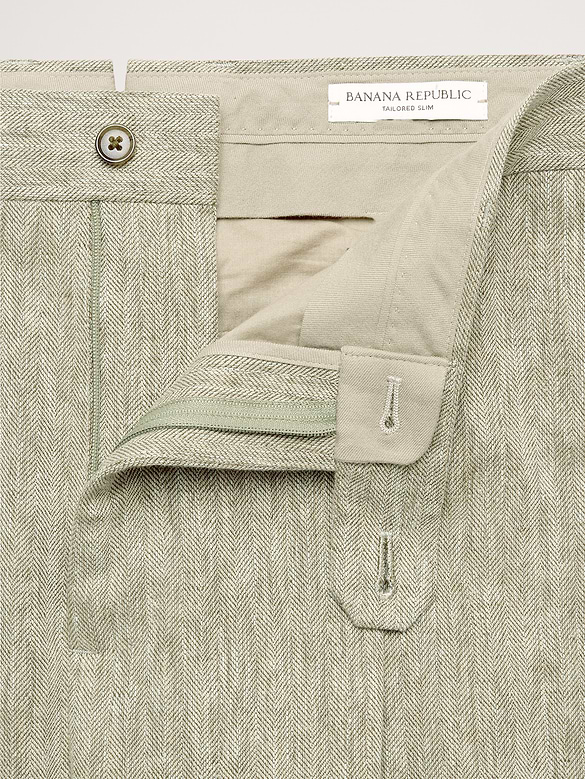 Pantalon de complet raffiné de coupe étroite en lin et coton vert