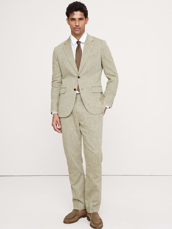 Pantalon de complet raffiné de coupe étroite en lin et coton vert