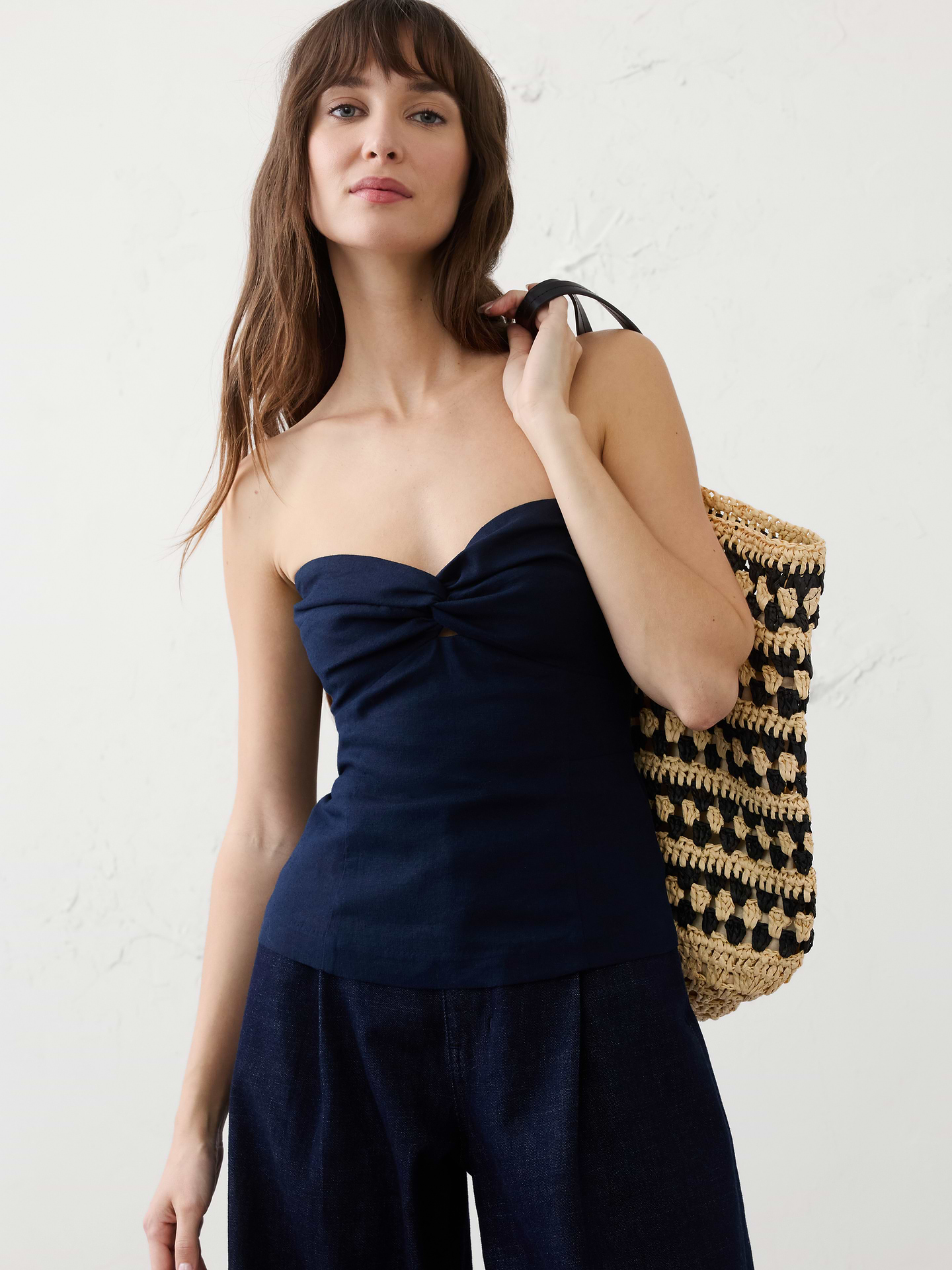 Image number 1 showing, Linen-Blend Strapless Knot-Front Top