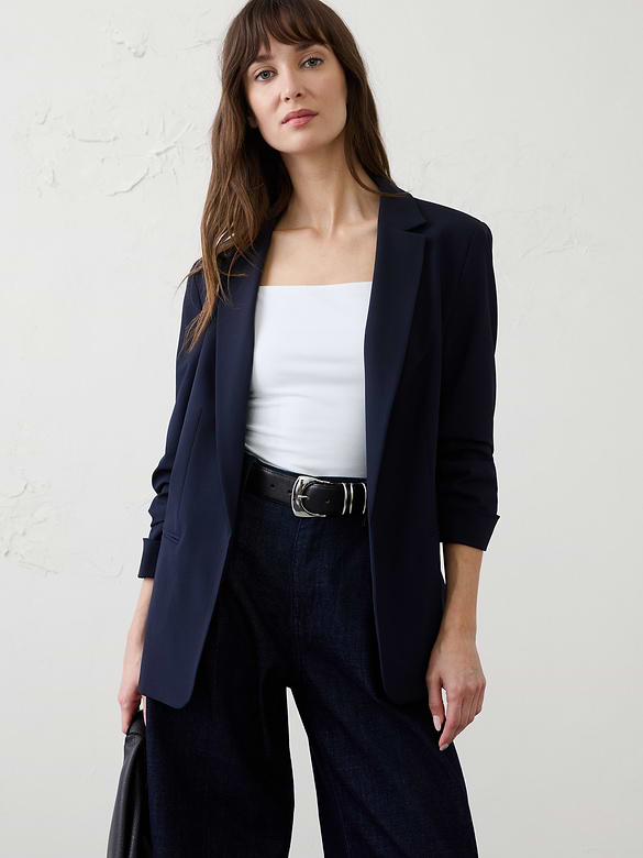 Sculpted Stretch Ruched-Sleeve Blazer
