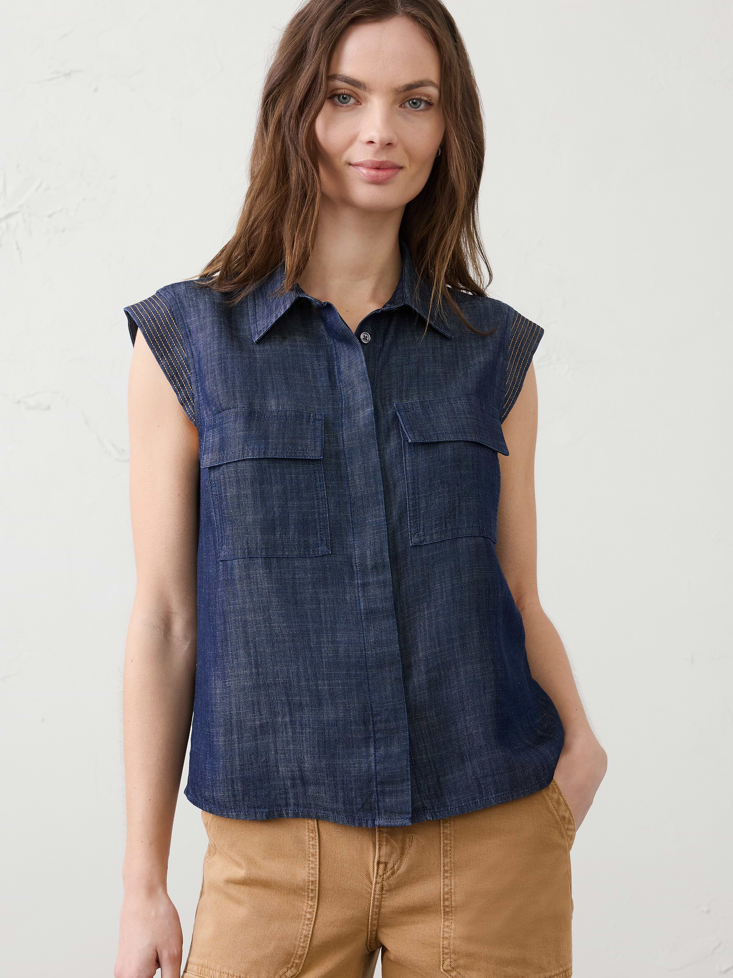 Image number 1 showing, Denim Trapunto Cap-Sleeve Shirt