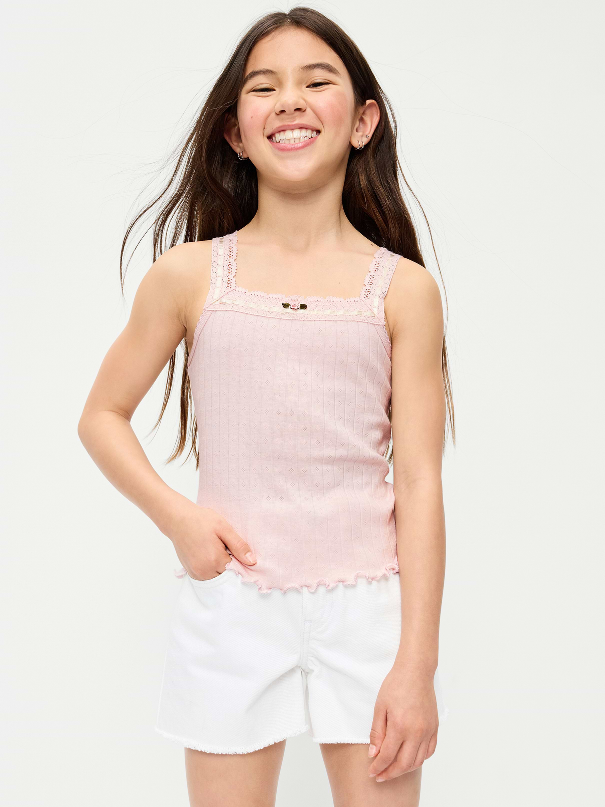 Fitted Lace-Trim Pointelle Tank Top for Girls