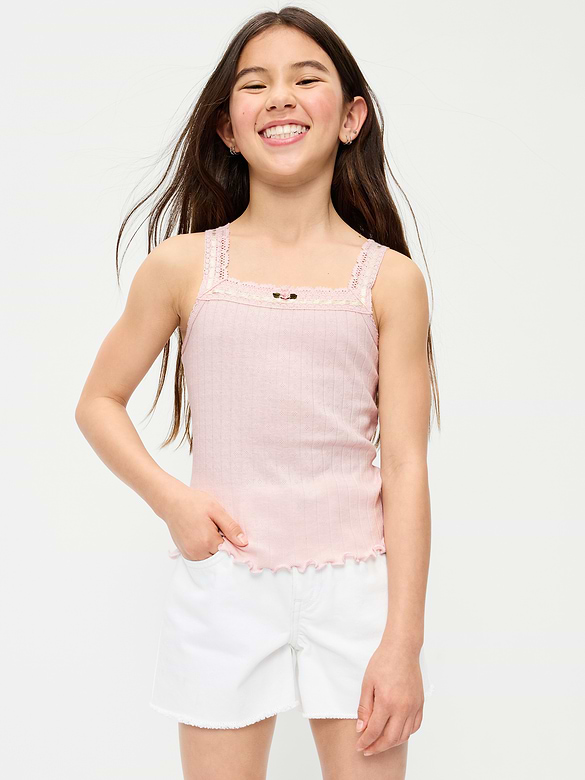 Fitted Lace-Trim Pointelle Tank Top for Girls