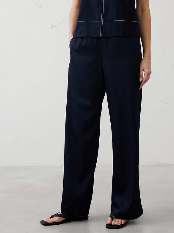 Wide-Leg High-Rise Crinkle Satin Pull-On Pant