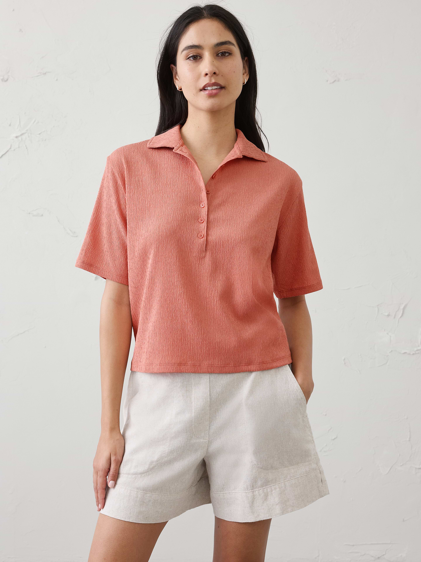 Image 1 of 4, Crafted in a novelty crinkle‑texture fabric that adds subtle dimension and elevates this easy warm‑weather top., Johnny‑collar neckline. Elbow length sleeves., Button-front placket., Straight hem., Made exclusively for Banana Republic Factory., Product #1174944