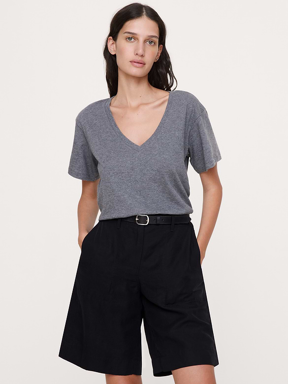 T-shirt en coton flammé à encolure en V, coupe boyfriend