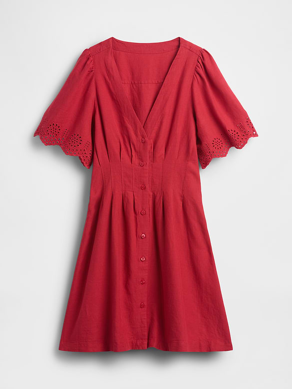 Linen-Blend Cinched Mini Shirtdress