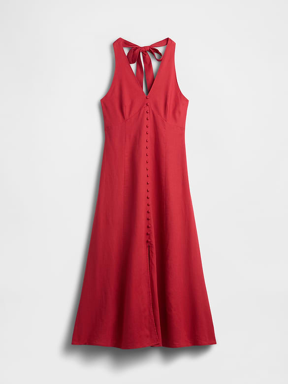 Linen-Blend Halter Maxi Dress