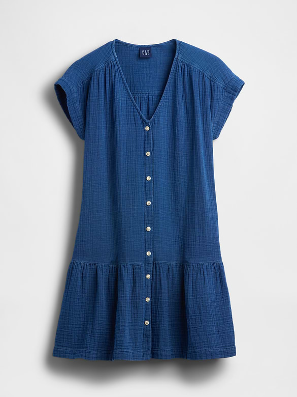 Cotton Gauze Denim Drop-Waist Mini Shirtdress
