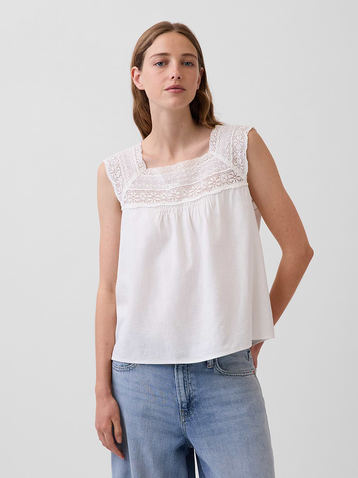 Image number 1 showing, Linen-Blend Crochet Square-Neck Top
