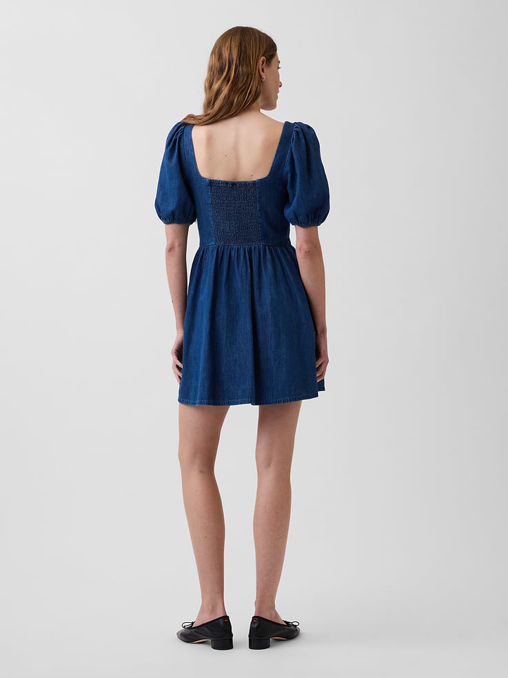 Image number 2 showing, Denim Puff-Sleeve Sweetheart Mini Dress
